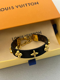 Louis Vuitton LV Brief Blume schwarzes Leder Gold Nietkette feines Leder Armband Armband-3660  